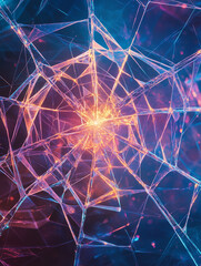 Shimmering crystal spider web with vibrant threads in a colorful cosmic setting at twilight