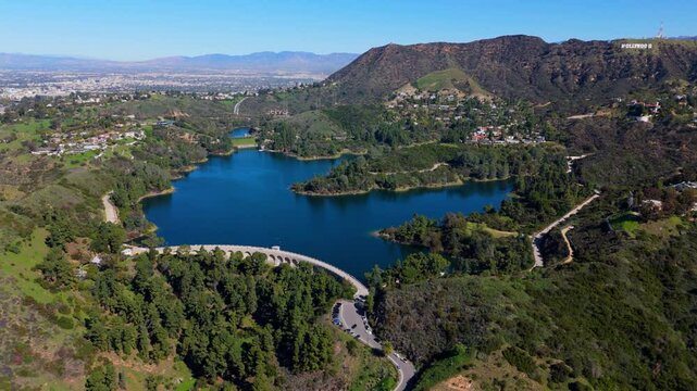 Aerial View of Lake Hollywood and Hollywood Hills in Los Angeles, March 20 2025