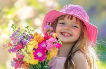 Fototapeta premium A cute little girl wearing a pink hat and holding a colorful bouquet of flowers in the garden