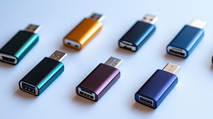 A set of USB flash drives with different capacities, placed on a white background