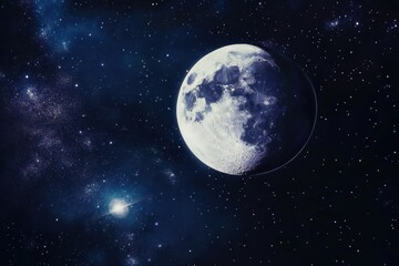 Fototapeta premium Bright full moon shines in a starry night sky filled with distant galaxies