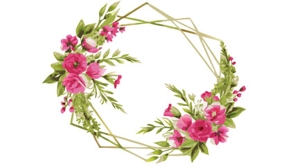 a beautiful floral frame with pink flowers and green leaves, and a golden frame. The delicate design and vibrant colors create a romantic and elegant feel