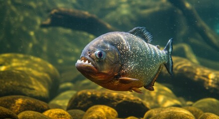 Red-bellied piranha swims gracefully through murky freshwater ecosystem