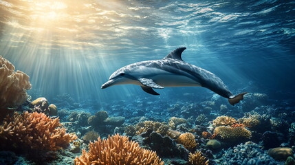 dolphin swims in a coral reef