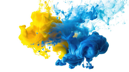 Yellow and blue ink mixing together on transparent background