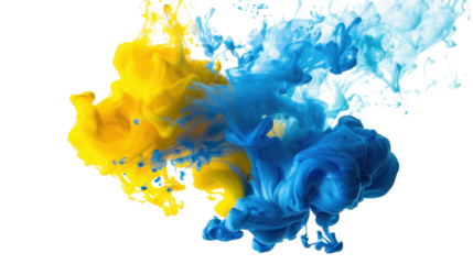 Yellow and blue ink mixing together on transparent background