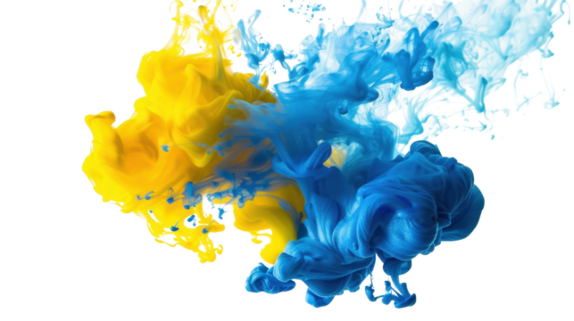 Yellow and blue ink mixing together on transparent background