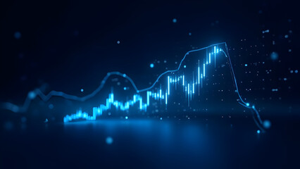 Futuristic Digital Financial Stock Market Data Visualization with Blue Bar Graph and Rising Line Chart Representing Economic Growth, Big Data Analysis, Investment Trends, AI Finance, Business Success.