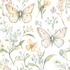Pastel Butterfly Meadow: Delicate watercolor butterflies flutter amidst a field of wildflowers in soft pastel hues, creating a serene and whimsical pattern.