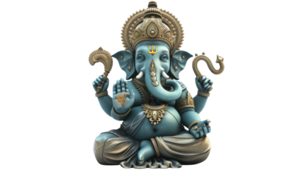 Blue ganesha statue holding a hook and a goad on transparent background