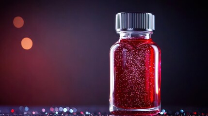 A vibrant red liquid in a glass vial with sparkling bubbles, set against a dark background with bokeh lights