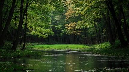 Forest Pond with Green Canopy, and Autumn.
