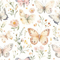 Elegant Butterfly and Flora Pattern: A charming watercolor illustration presents a seamless pattern, with graceful butterflies dancing amidst delicate blooms, exuding a sense of serenity.