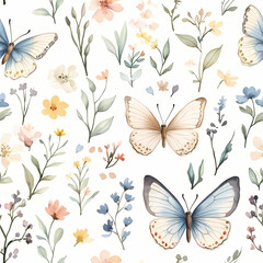 Floral Serenity: A delicate illustration of butterflies, blossoms, and foliage, interwoven in a seamless pattern.  A tranquil scene for background and design, evoking a sense of peace and elegance.