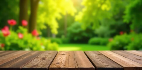 Empty wooden tabletop, bokeh garden, grilling scene , empty, garden, leaves