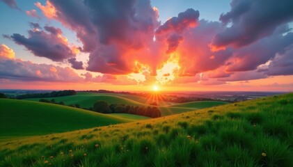 Obraz premium Fiery dusk sky, fluffy white clouds above rolling green fields , scene, texture