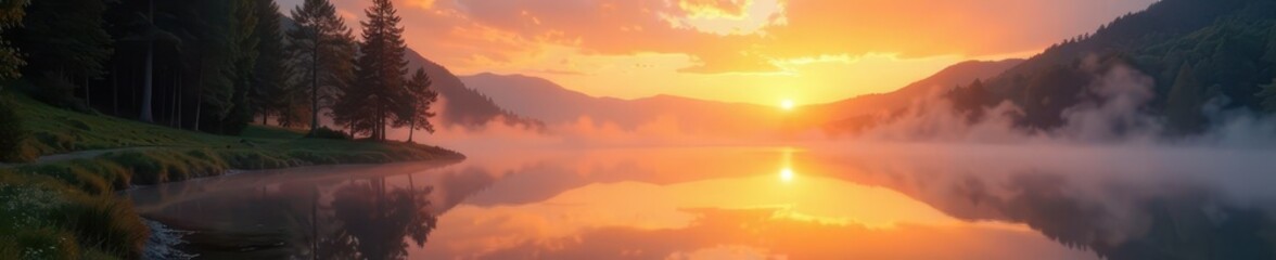 Golden sunrise paints lake with vibrant hues, mist rising , reflection, sky panorama