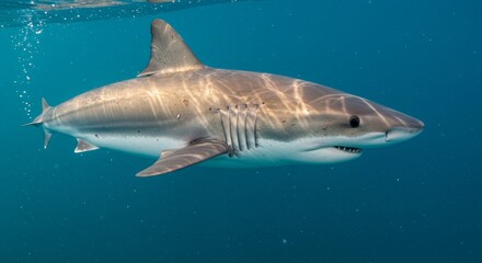 Fototapeta premium Majestic Great White Shark Floating Effortlessly in the Deep Blue Sea