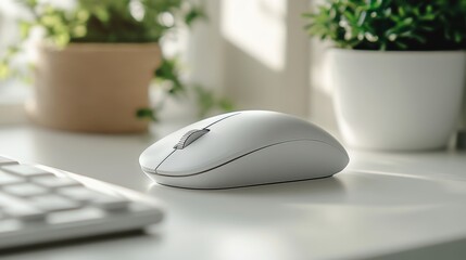 A minimalist wireless mouse with a smooth design, placed on a white desk