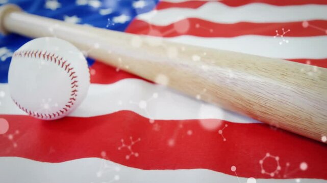 Baseball bat on American flag with animation of abstract light effects