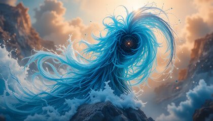 Surreal Cosmic Energy Vortex with Flowing Blue Tendrils Emerging from Ocean

