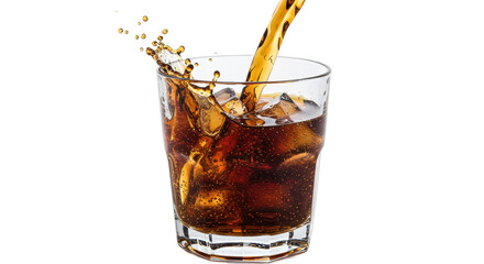 Isolated Cola Glass with Ice Cubes Pouring and Splash