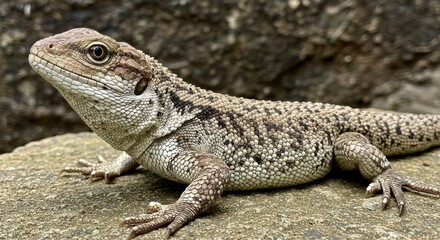 Detailed portrait of a lizard resting on a rock in its natural habitat