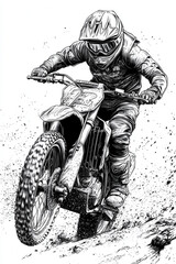Naklejka premium dynamic illustration of motocross rider performing jump dirt bike, showcasing speed and excitement. detailed line art captures rider focus and bike rugged design, emphasizing thrill of off road