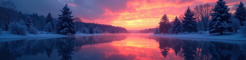 Obraz premium Dark silhouettes of winter trees reflected perfectly, quiet, snow