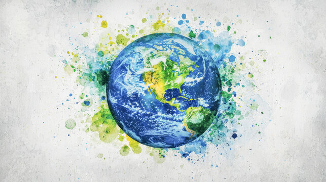Watercolor illustration of a glowing planet earth depicting earth day celebration. concept of environmental awareness, planetary beauty, nature appreciation, sustainable future, ecology, eco