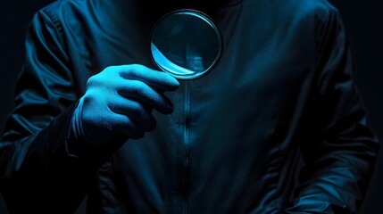 Mystery Unveiled: A detective meticulously examines evidence with a magnifying glass, his focus intense under a cool, cinematic light, the mystery and suspense.