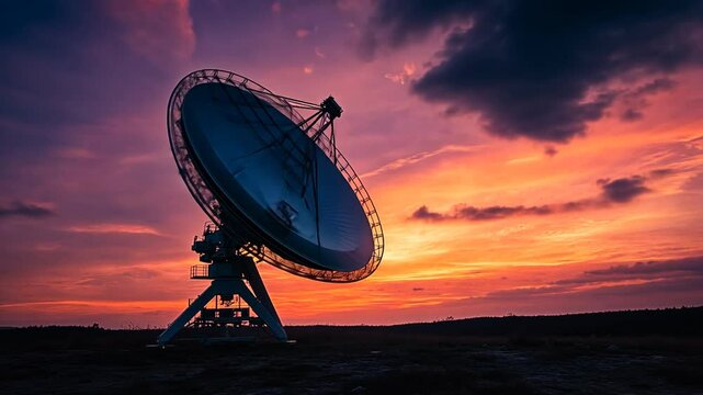 Satellite Dish Silhouette Against a Dramatic Sunset Sky, Radiowave Communication
