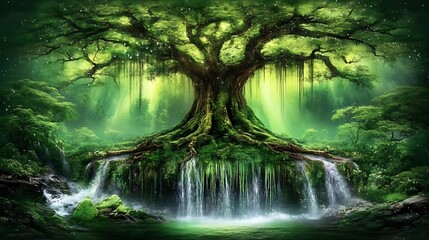 A grand ancient tree is positioned over cascading waterfalls in the forest