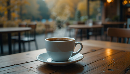 Obraz premium Cup of Coffee on a wooden cafe table, autumn nature background. Outdoor. Copy space. Hot steamed coffee mug. Rest, breakfast, vacations concept. 