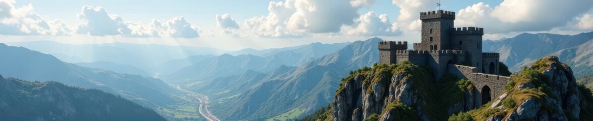 Obraz premium Ancient stone castle overlooking vast fantasy realm , ancient, background, trees