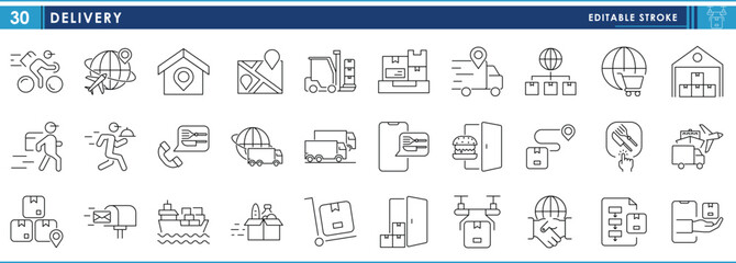 A set of line icons related to Delivery. Deliver, cargo, transport, land, sea, air, shopping, food, mail, and so on. Vector editable stroke.