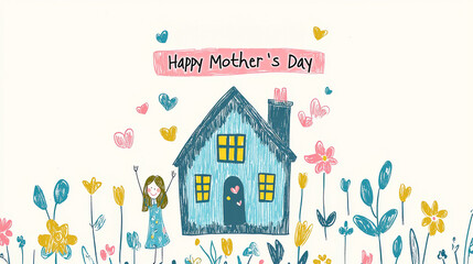 Cheerful crayon childlike drawing for Mother's Day featuring a smiling girl, colorful house, hearts. Concept of celebration, family love, childhood innocence, joyful art, cute handmade greeting card