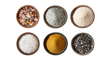 variety of spices and seasonings in round wooden bowls isolated png transparent cutout