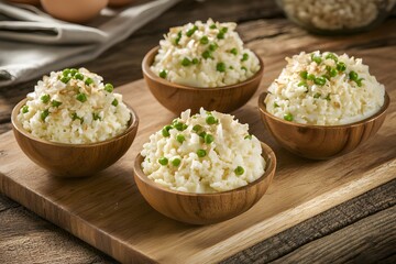 Delicious Creamy Mashed Potato with Peas and Crispy Topping in Wooden Bowls