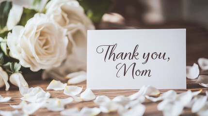 Elegant mother's day card with thank you, mom message surrounded by white roses and petals. concept of love, appreciation, mother's day celebration, sentimental gestures