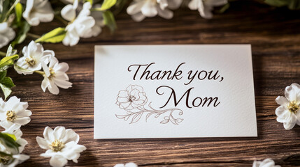 Elegant mother's day card with thank you, mom text and floral design surrounded by white flowers on wooden surface. concept of gratitude, motherly love, thoughtful gifting, and family appreciation