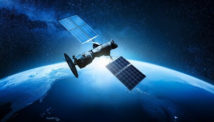 Fototapeta premium Silhouette of a satellite floating against the backdrop of the Earth