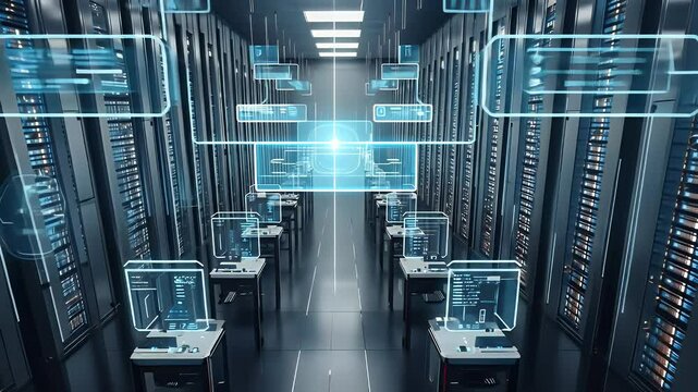 AI-Powered Server Room with Flowing Data Stream