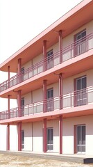 Pink apartment building, sunny day, construction site background, architectural design