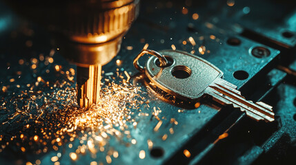 Detailed close-up of key cutting process on duplication machine. concept of precision engineering, metalwork, security technology