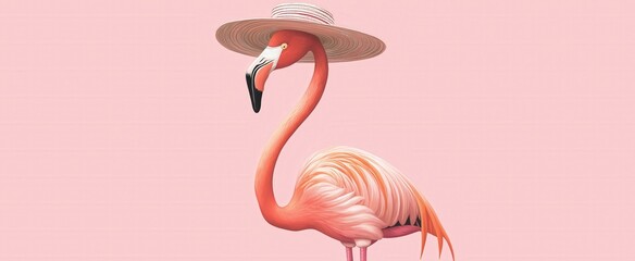 Fototapeta premium Elegant flamingo wearing a stylish straw hat on pastel pink background