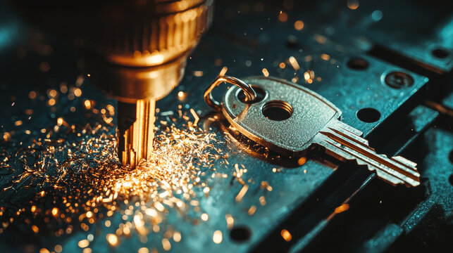 Detailed close-up of key cutting process on duplication machine. concept of precision engineering, metalwork, security technology