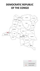 Democratic Republic of the Congo map. Country and State map of Democratic Republic of the Congo. Administrative map of Democratic Republic of the Congo with Countries and boundaries in white color.