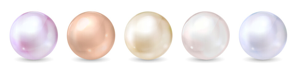 Pearl set isolated on transparent background. Spherical beautiful 3D orb with transparent glares and highlights. Jewel gems. Vector