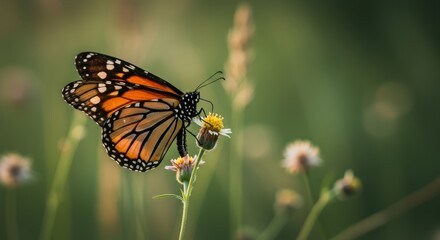 Fototapeta premium Monarch Butterfly perched delicately on a flower during golden hour light